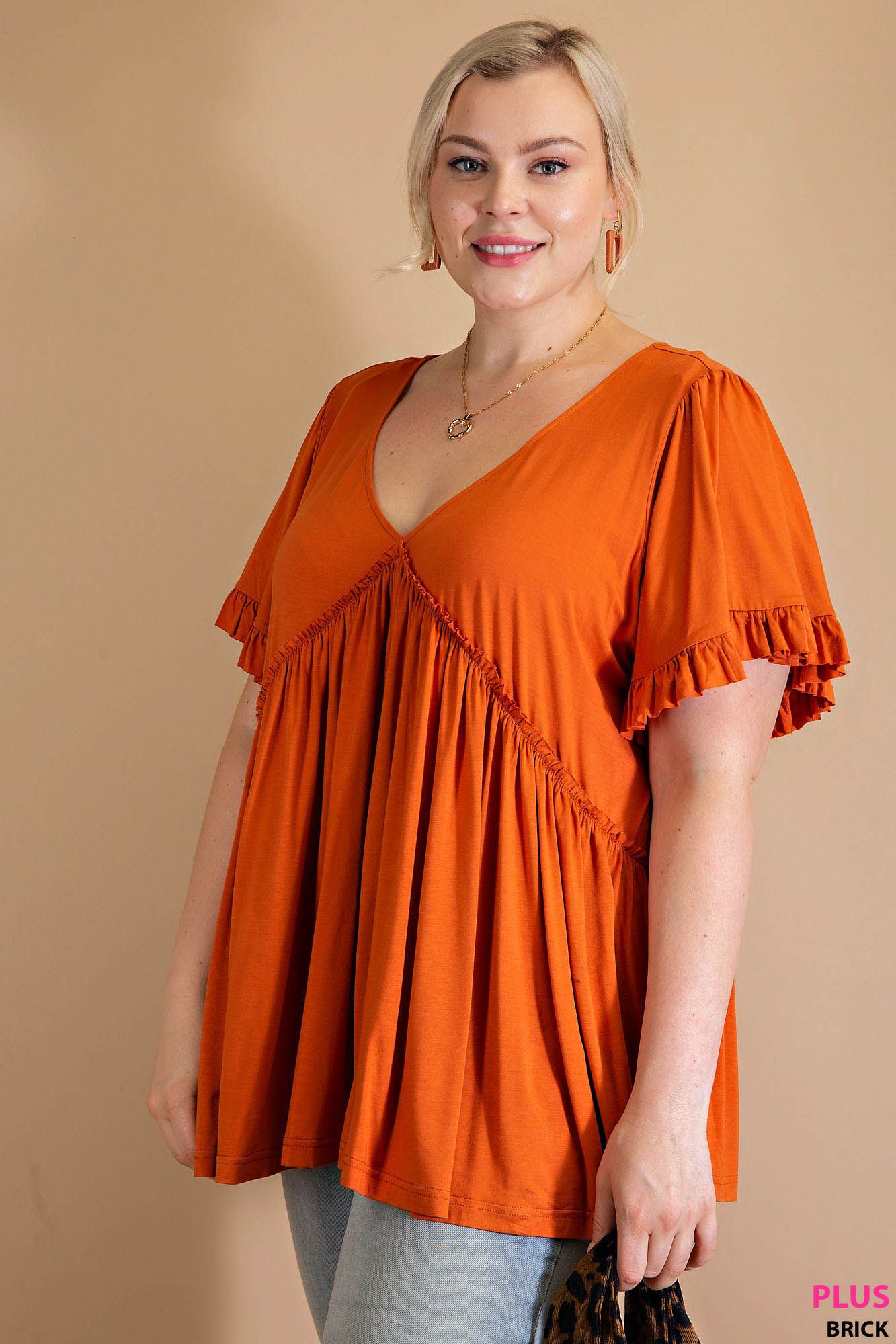 BELL SLEEVE WITH RUFFLE JERSEY TOP- PLUS SIZE