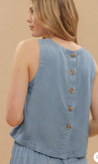 ROUND NECK BACK BUTTON SLEEVELESS CHAMBRAY TOP-How Cute is That? Boutique