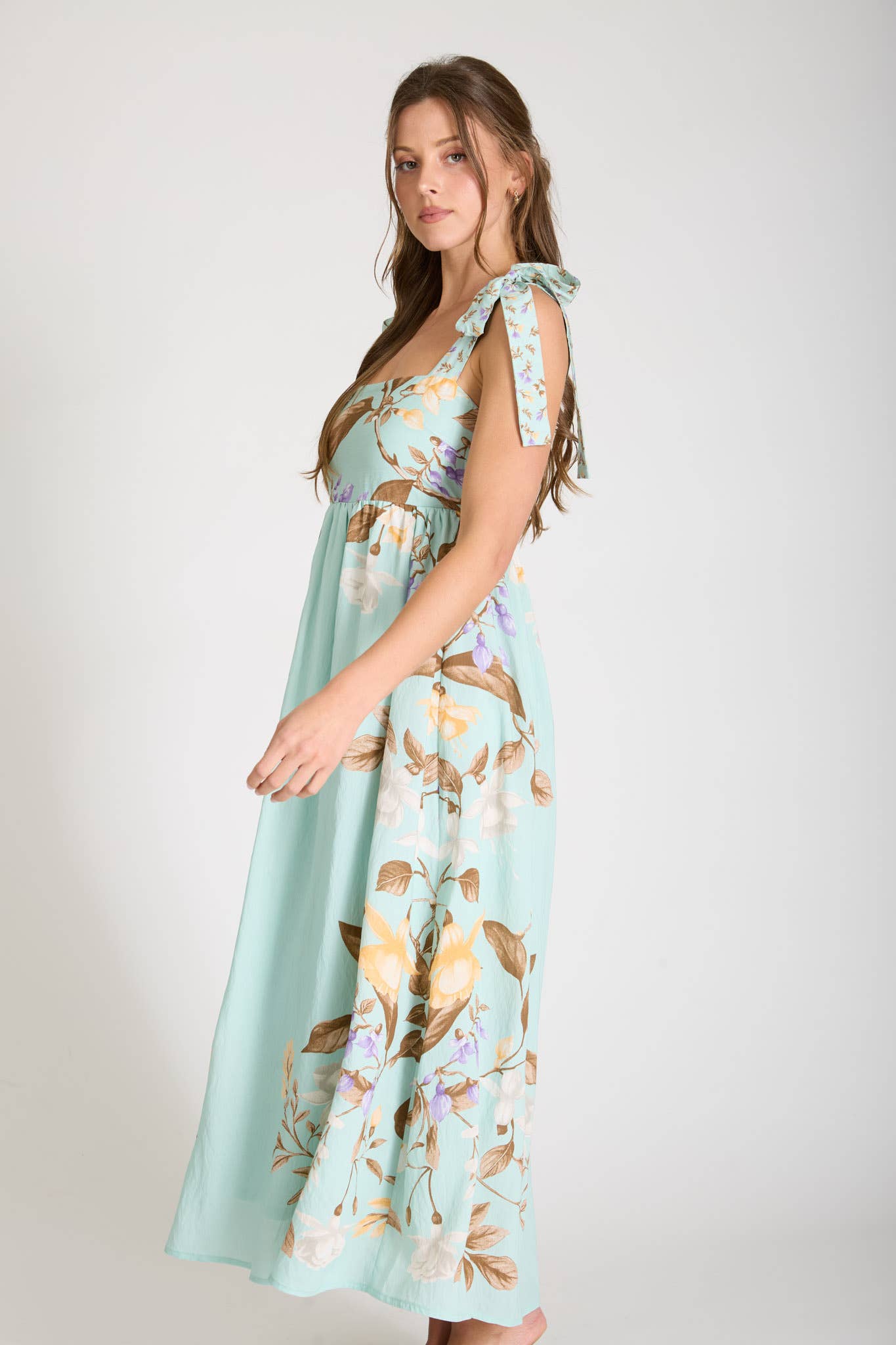 FLORAL TIE STRAP DETAIL EMPIRE WAIST MIDI DRESS-How Cute is That? Boutique