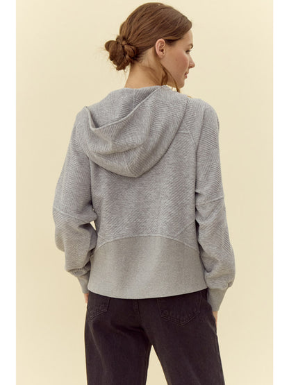 Textured Half Zip-up Top with Hoodie