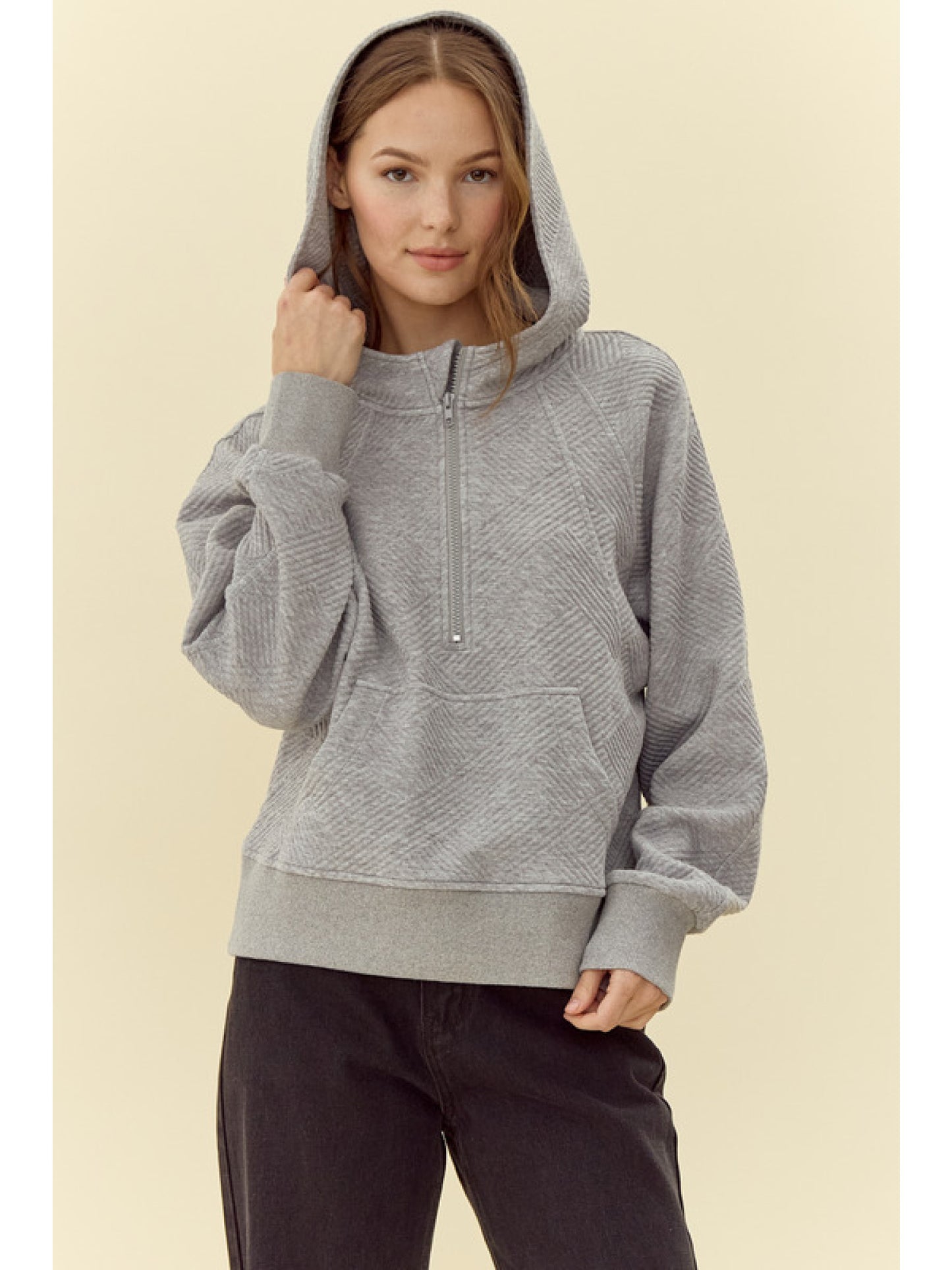 Textured Half Zip-up Top with Hoodie