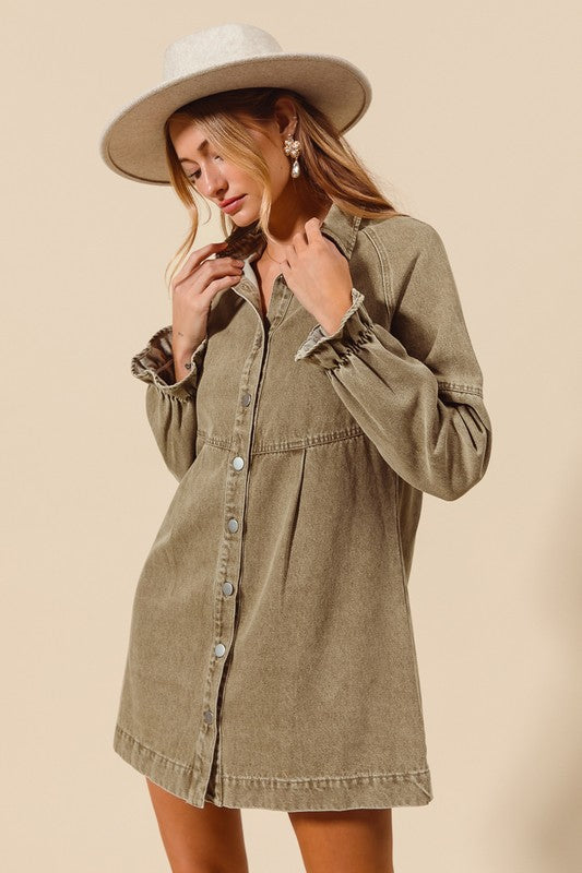 Button down denim dress in Olive