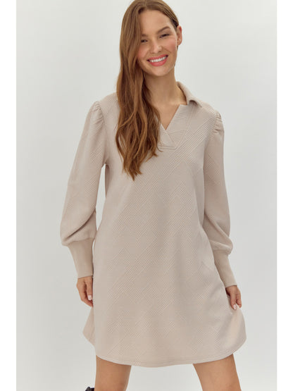 Textured dress with open collared neck