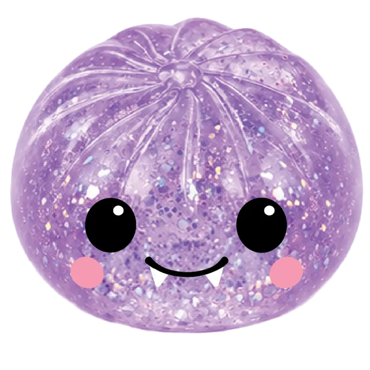Purple glittery vampire squishy with a smiley face