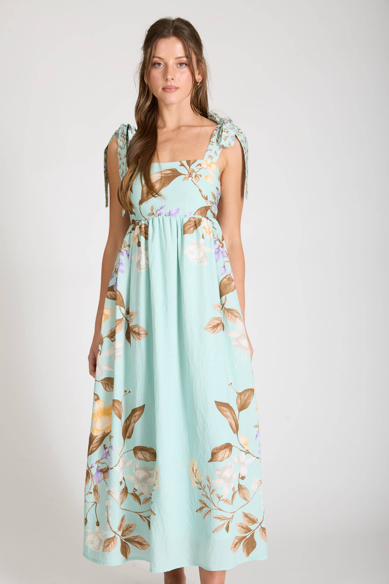 FLORAL TIE STRAP DETAIL EMPIRE WAIST MIDI DRESS-How Cute is That? Boutique