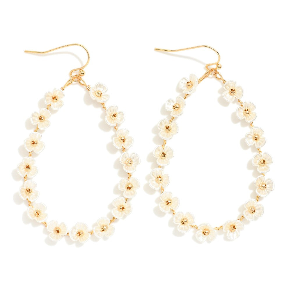 Metal Tone Wire Teardrop Drop Earrings Featuring Pearl Flower Details-How Cute is That? Boutique