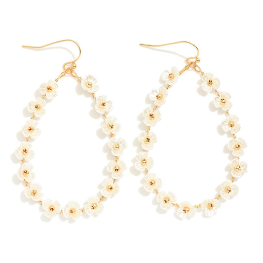Metal Tone Wire Teardrop Drop Earrings Featuring Pearl Flower Details