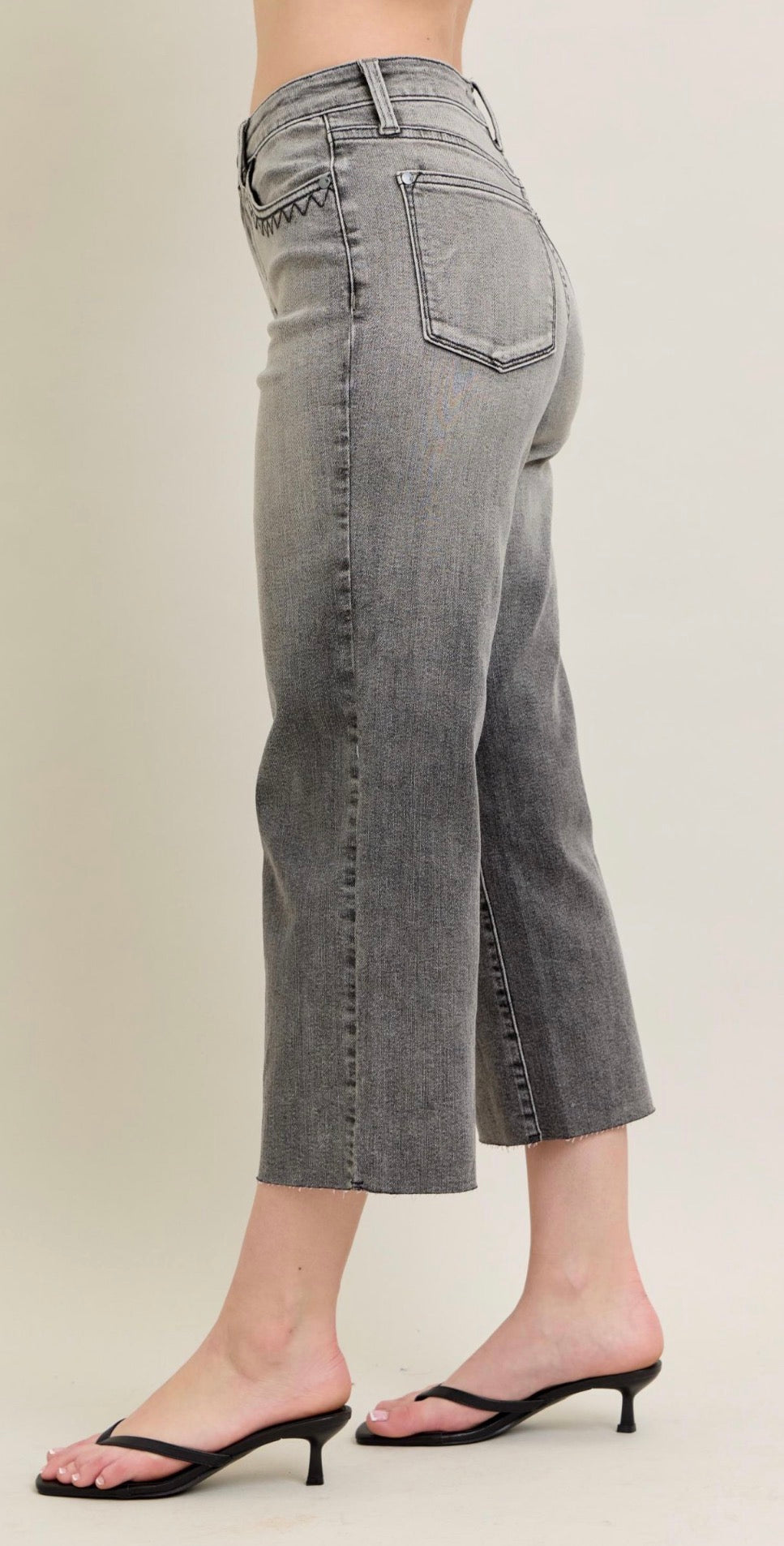 HW Vintage Grey Wash & Front Pkt Embroidery Crop Wide-How Cute is That? Boutique