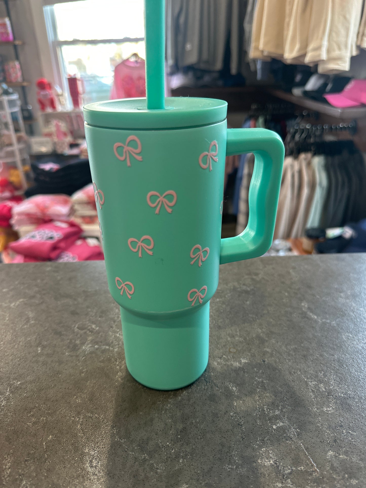 24oz teal with pink bows tumbler