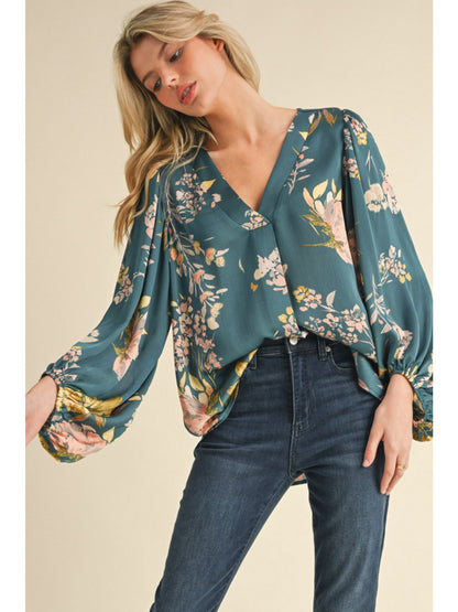 Satin Floral Print Blouse in Teal