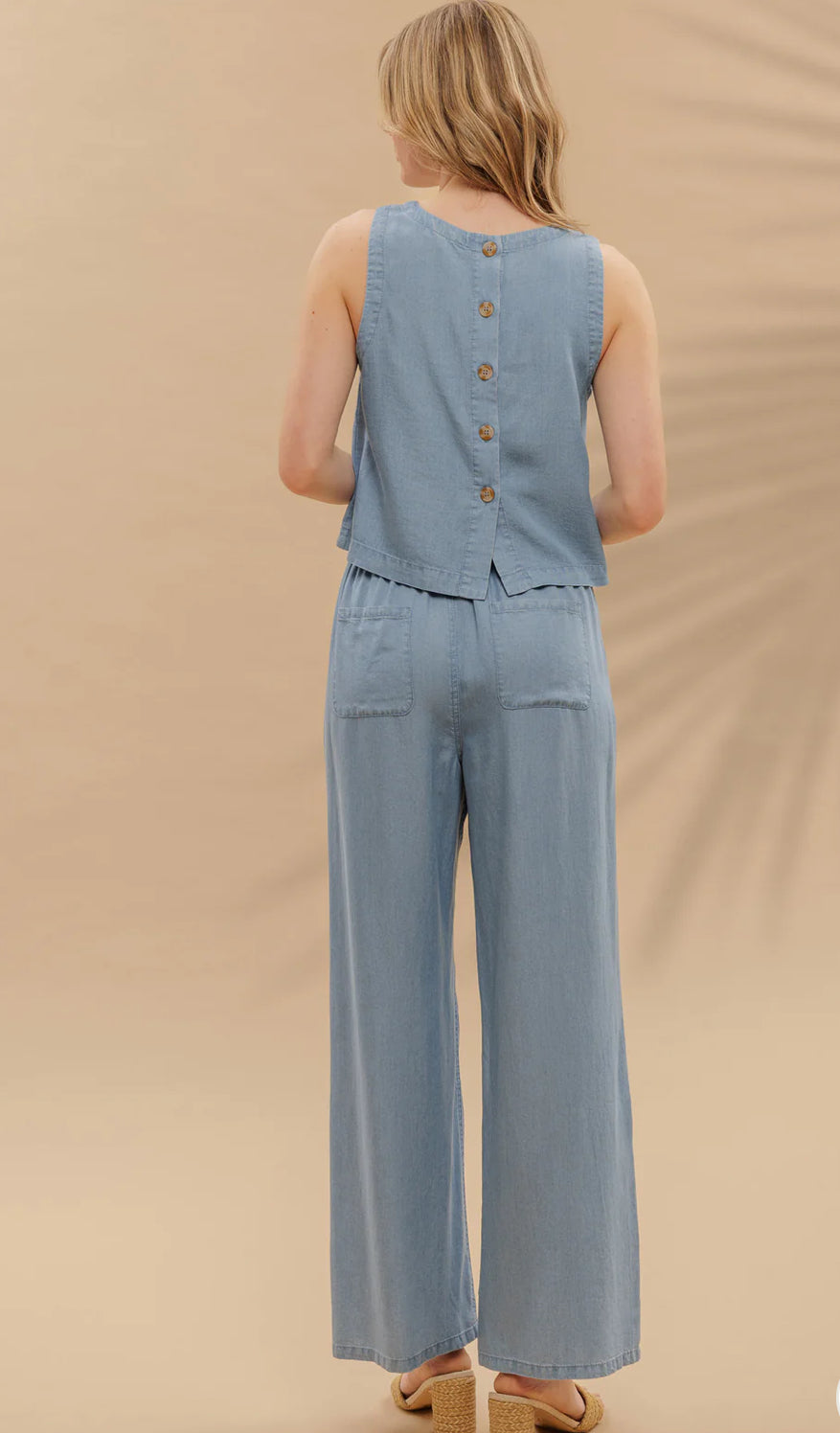 DRAWSTRING WAIST WIDE LEG CHAMBRAY PANTS-How Cute is That? Boutique