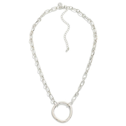 Short Chain Link Necklace Featuring Hammered Pendant