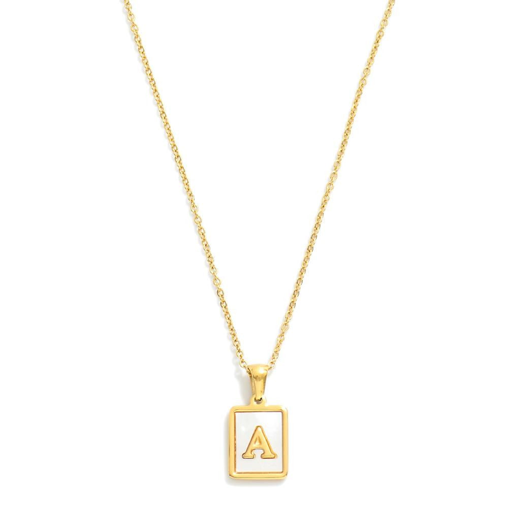 Dainty Stainless Steel Chain Link Necklace Featuring Mother-of-Pearl Inlay Initial Pendant-How Cute is That? Boutique