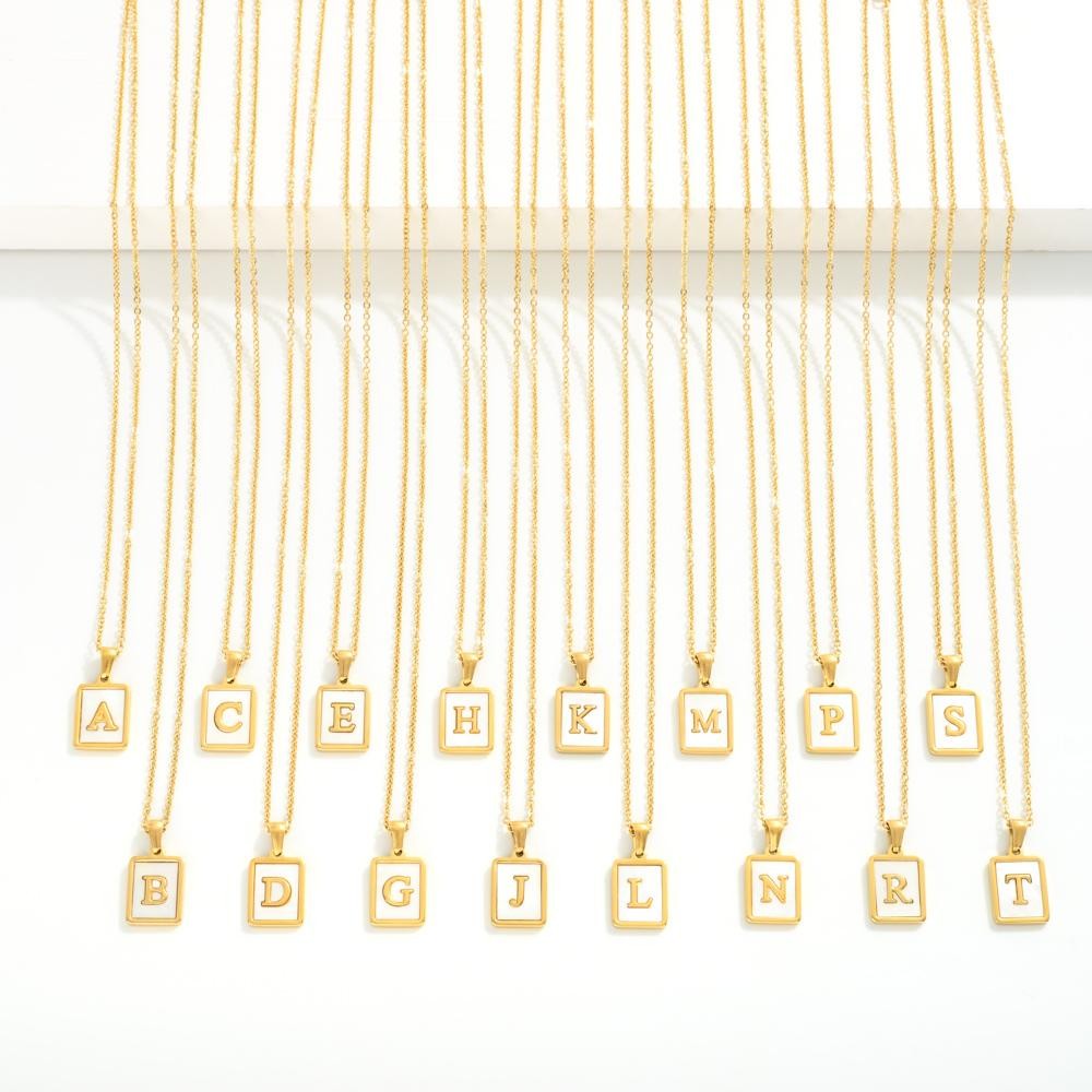 Dainty Stainless Steel Chain Link Necklace Featuring Mother-of-Pearl Inlay Initial Pendant-How Cute is That? Boutique