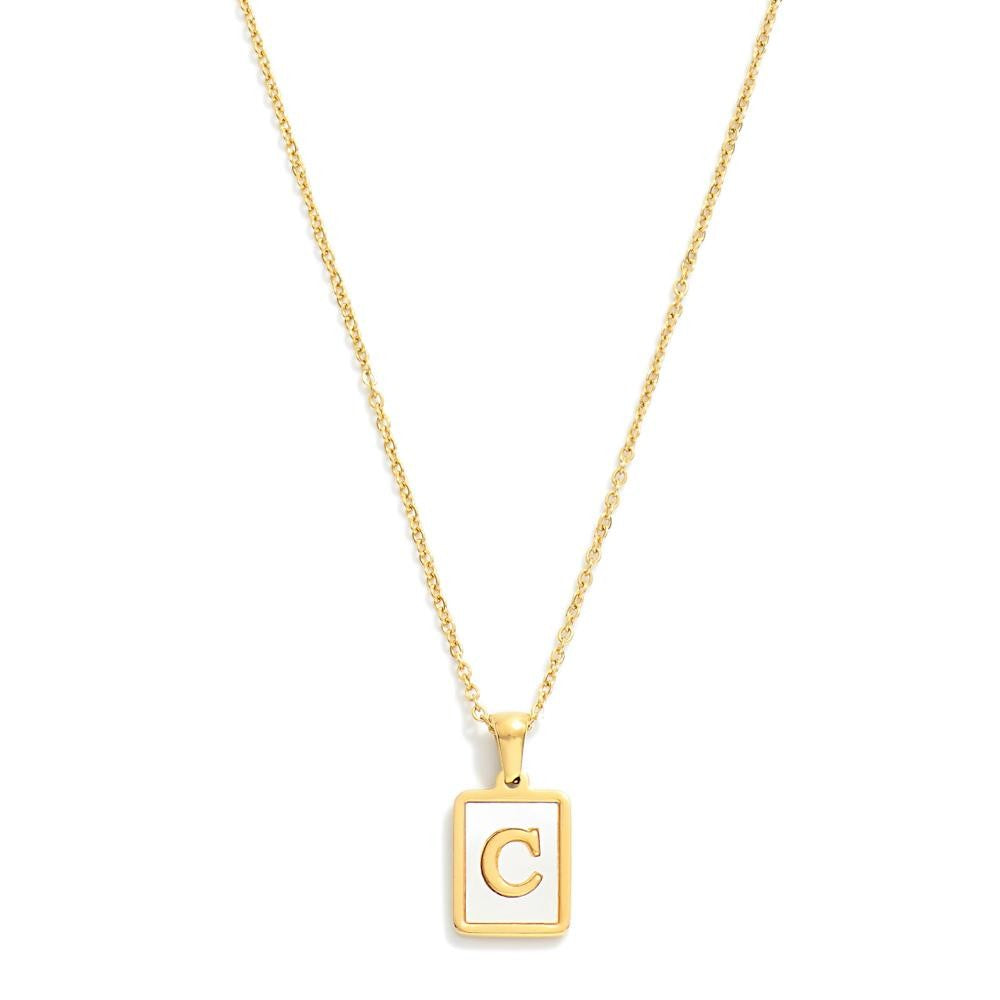 Dainty Stainless Steel Chain Link Necklace Featuring Mother-of-Pearl Inlay Initial Pendant-How Cute is That? Boutique