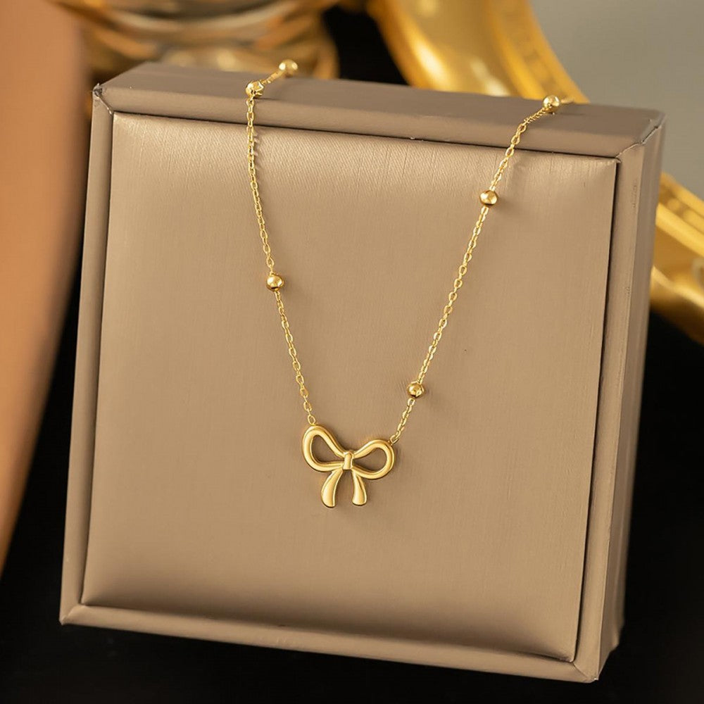 Stainless Steel Saturn Chain Link Necklace With Bow Station-How Cute is That? Boutique