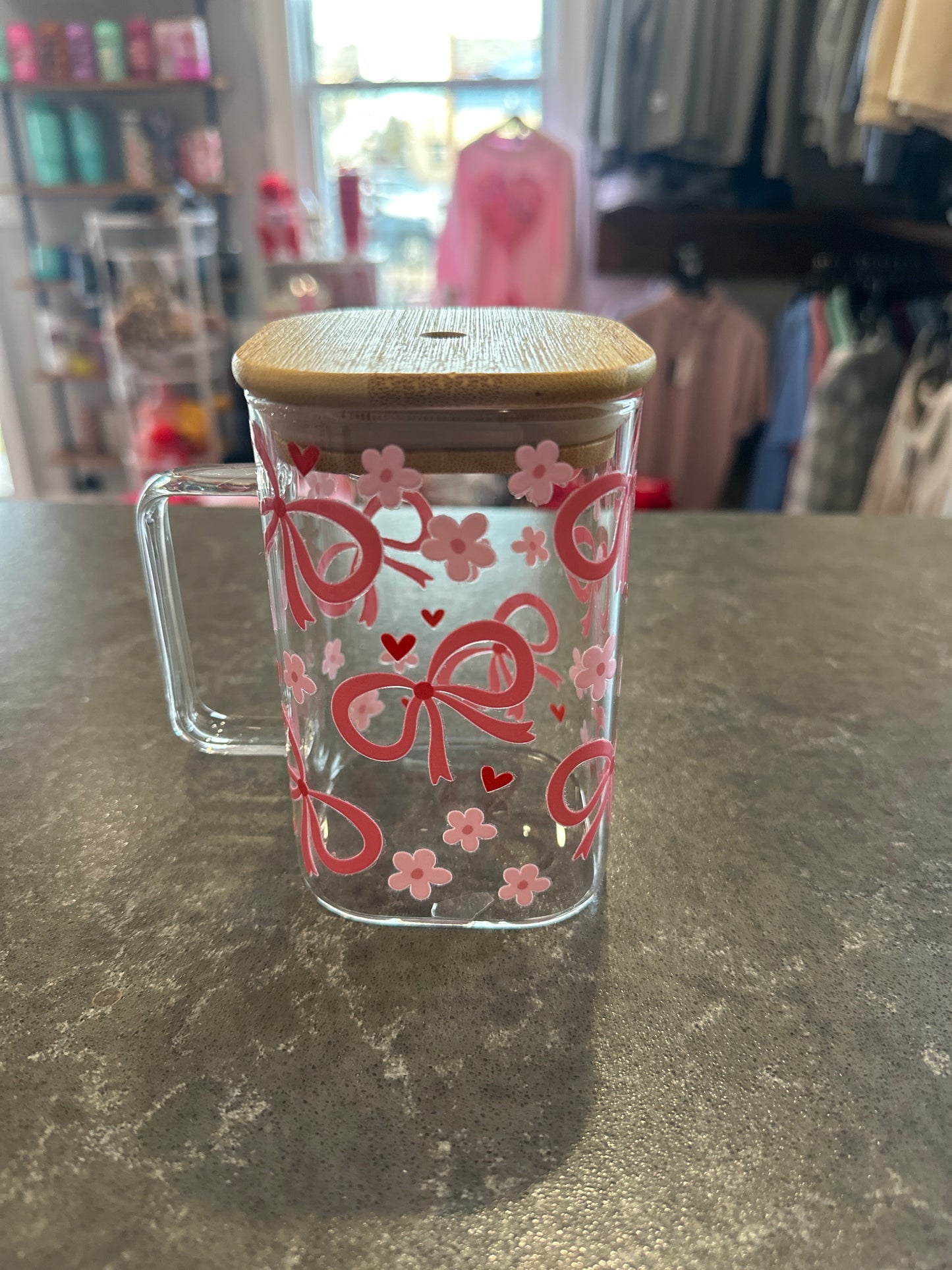 Bows, Flowers, and Hearts square Glass Tumbler with Flower Glass Straw