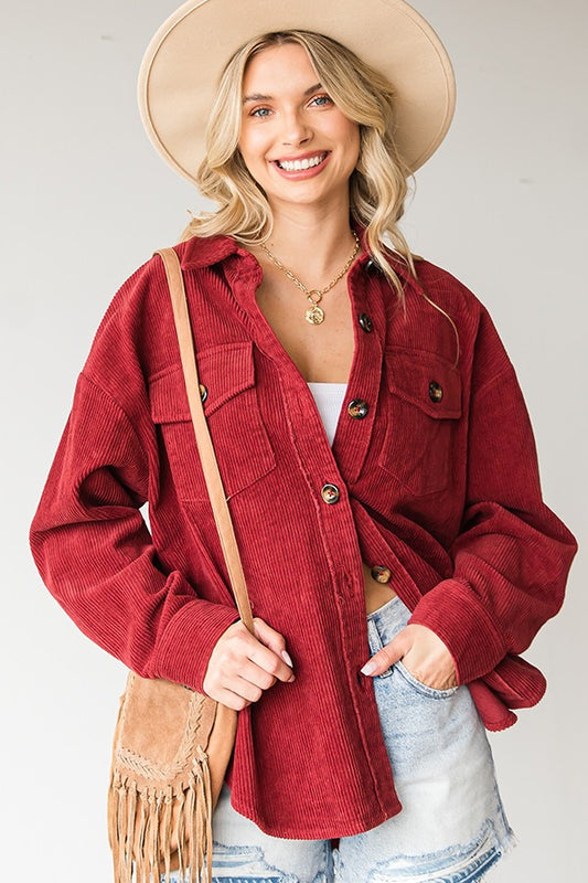 WASHED CORDUROY FLAP POCKET SHACKET in Burgundy