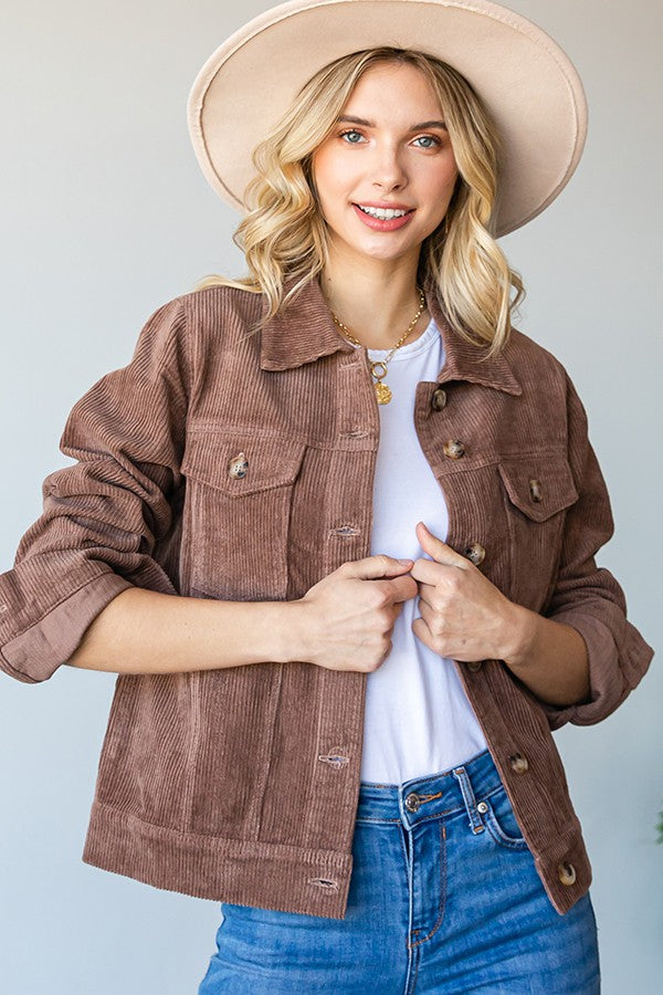 SOLID COLOR CORDUROY COLLARED BUTTON DOWN JACKET in Cocoa