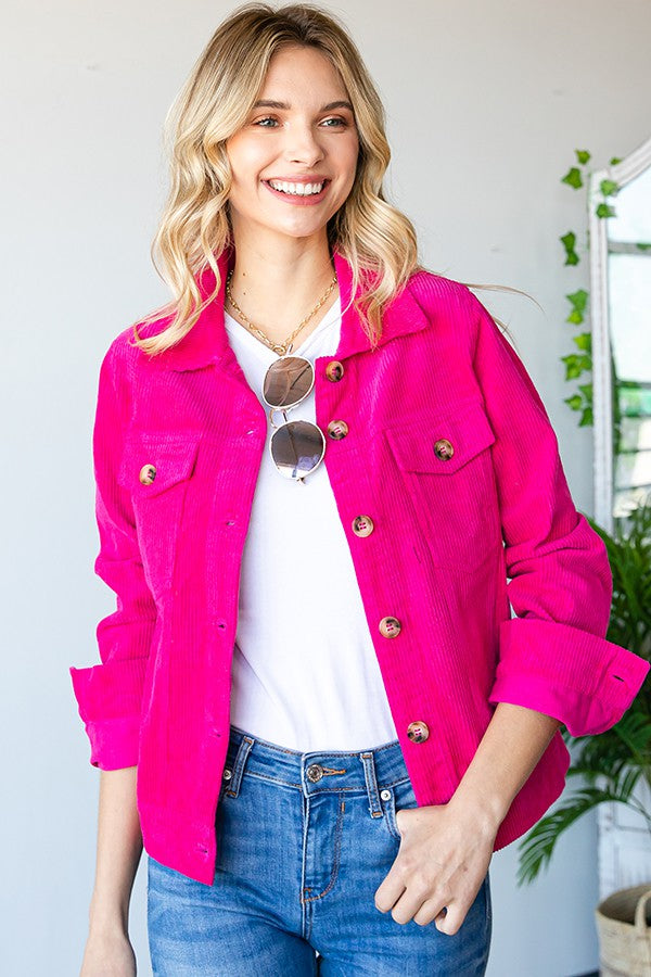 SOLID COLOR CORDUROY COLLARED BUTTON DOWN JACKET in Fucshia