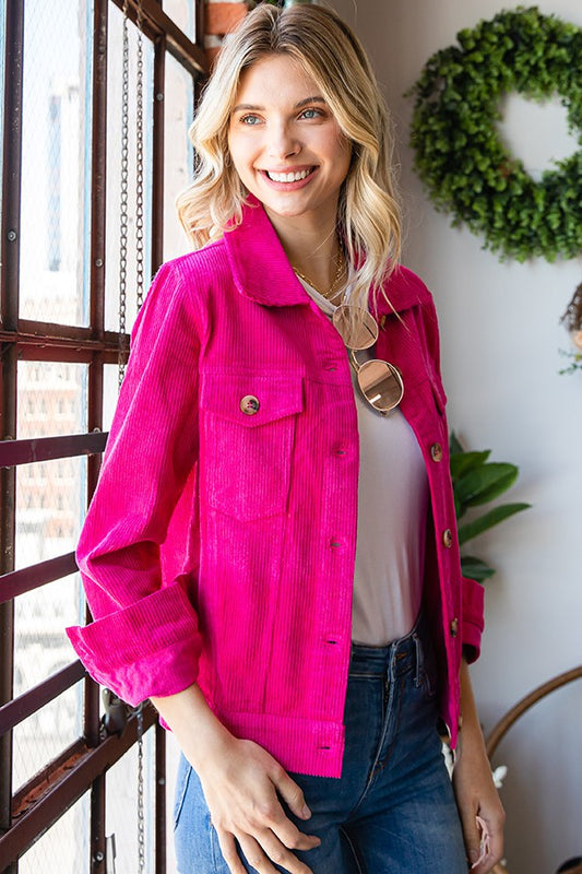 SOLID COLOR CORDUROY COLLARED BUTTON DOWN JACKET in Fucshia