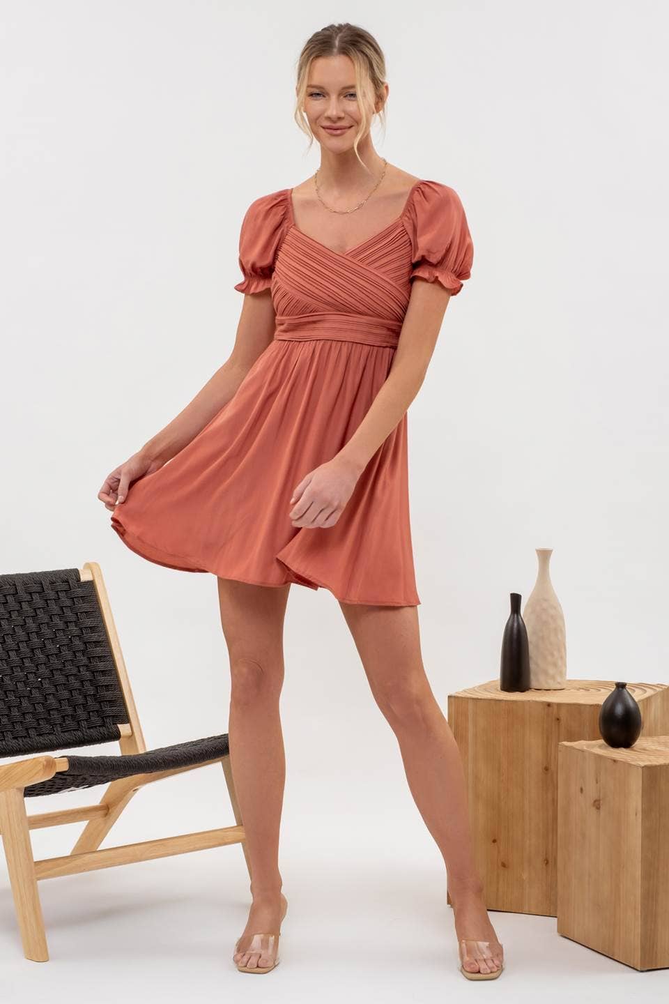 PLEATED WRAP PUFF SLEEVE BACK TIE MINI DRESS- Terracotta-How Cute is That? Boutique