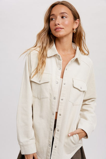 CORDUROY BUTTON DOWN SHACKET WITH SIDE POCKETS