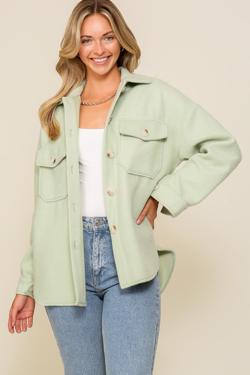 Cozy button down Sage Green Fleece Jacket by Timing