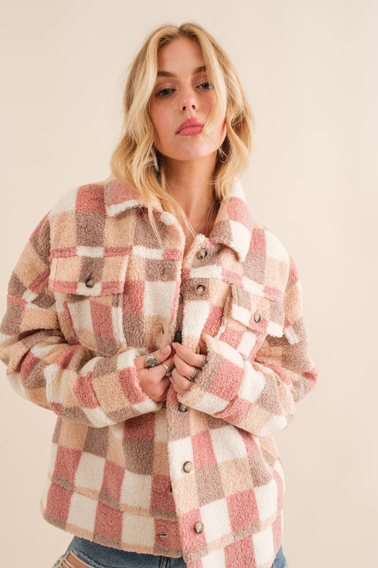Checkered Teddy Oversized Jacket in PINK
