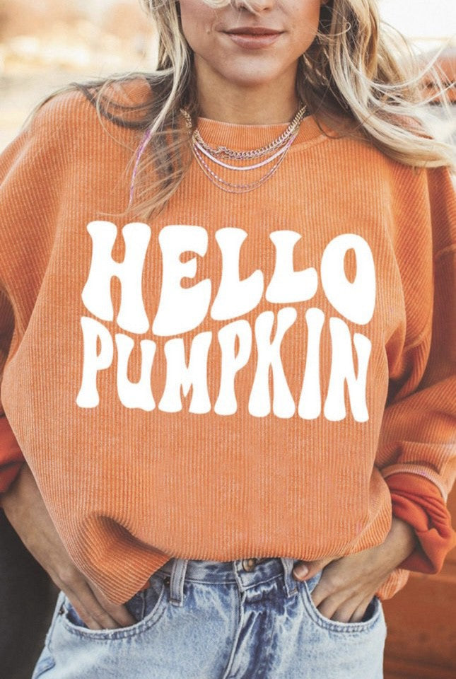 Hello Pumpkin Orange Corded Sweatshirt-How Cute is That? Boutique