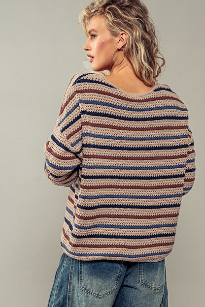 Layered Striped Textured Knit Crewneck Sweater