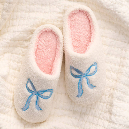 Fuzzy Slippers-Bow Blue M/L