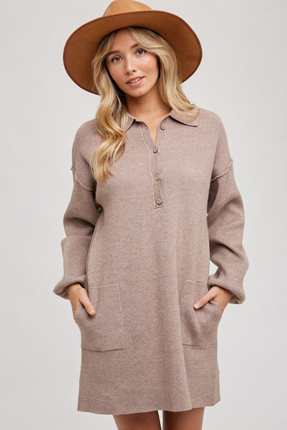 CORDUROY KNIT HALF BUTTON DRESS