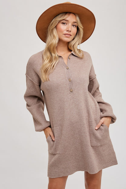 CORDUROY KNIT HALF BUTTON DRESS