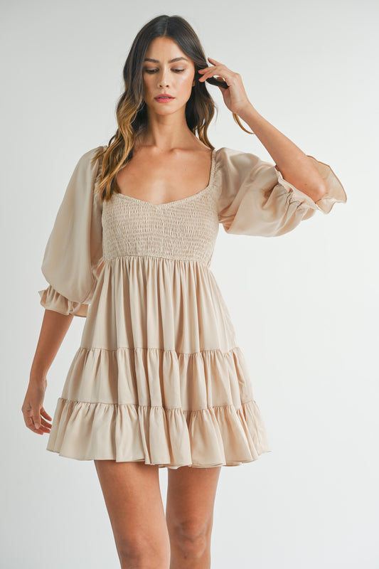 SATIN SOLID RUFFLE TIER BABY DOLL DRESS