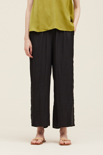 Side Slit Satin Pants in Black