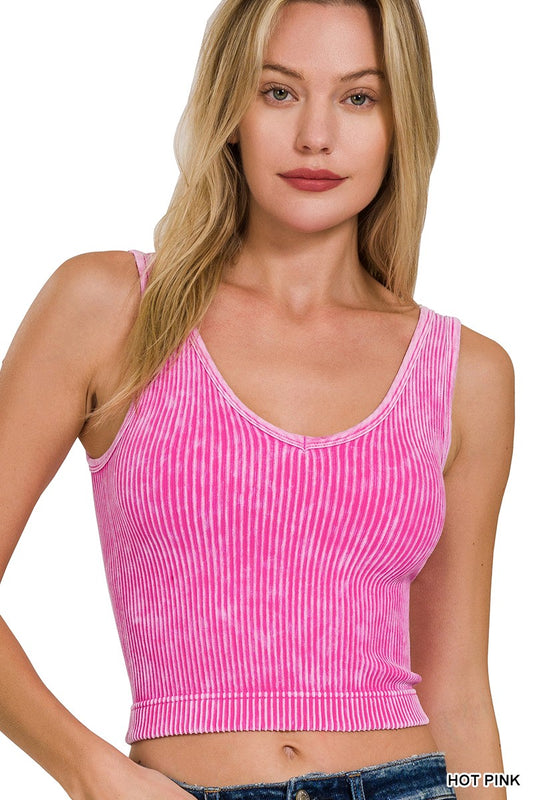 2 WAY NECKLINE WASHED RIBBED CROPPED TANK TOP by ZENANA