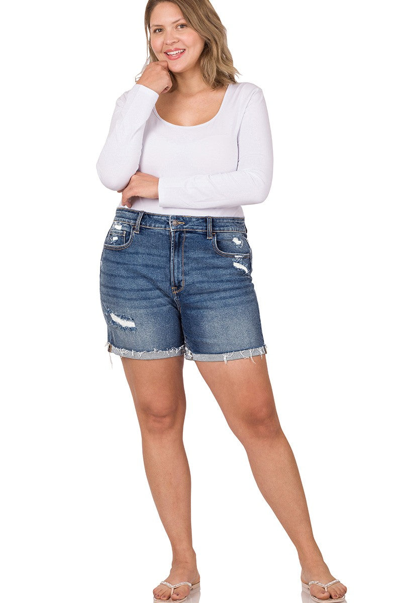 Zenana PLUS DISTRESSED CUFFED RAW HEM DENIM SHORTS-How Cute is That? Boutique