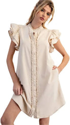 Button Down Ruffle Sleeve Mini Dress in ivory-How Cute is That? Boutique