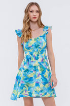 WATERCOLOR FLORAL PRINT RUFFLE MINI DRESS - BLUE MULTI-How Cute is That? Boutique