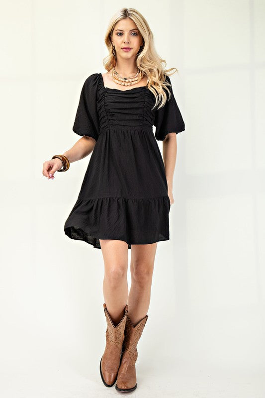 Ruched Bodice Mini Dress in Black