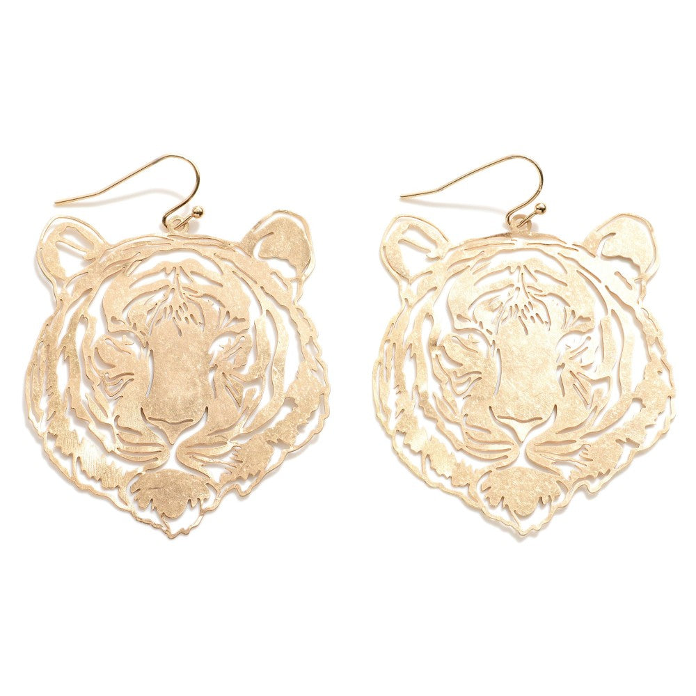 Gold Tone Laser Cut Bengal Tiger Drop Earring