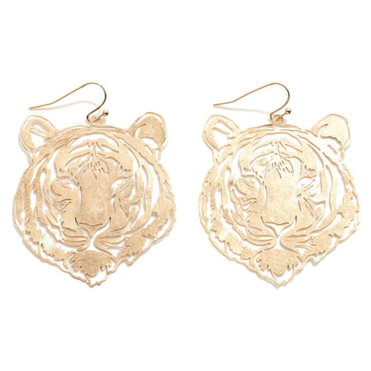 Gold Tone Laser Cut Bengal Tiger Drop Earring