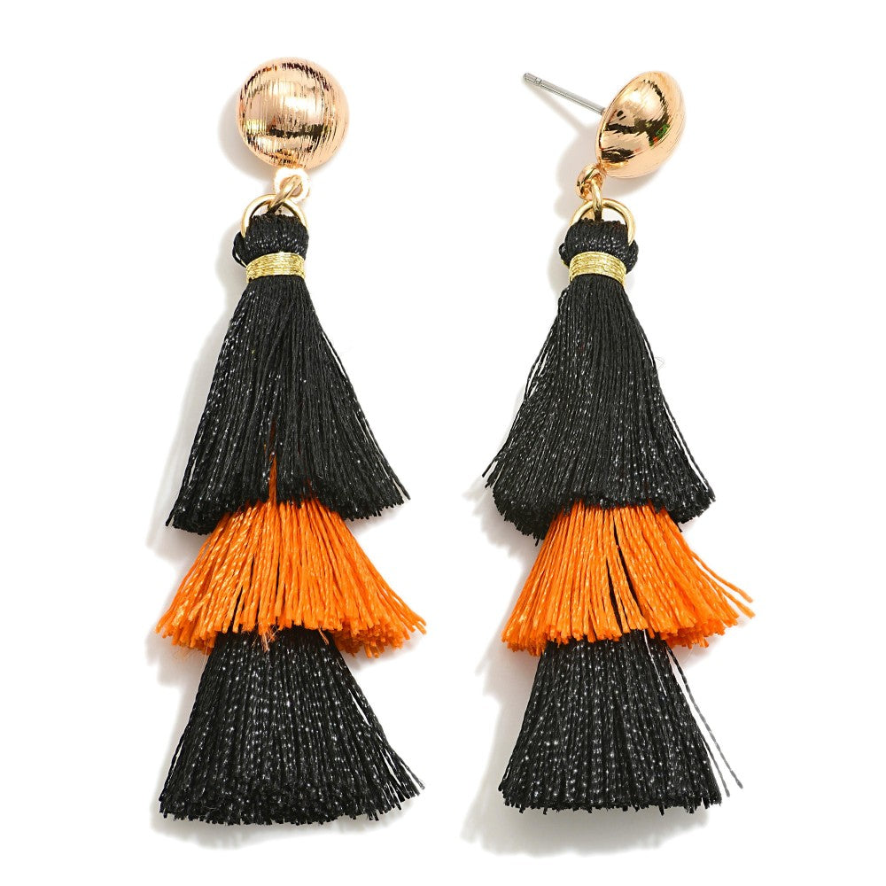 Two Tone String GameDay Tassel Drop Earring in Orange and Black