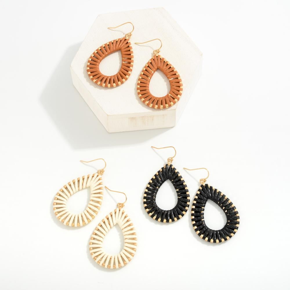 Gold Tone Leather Wrapped Teardrop Drop Earrings-How Cute is That? Boutique
