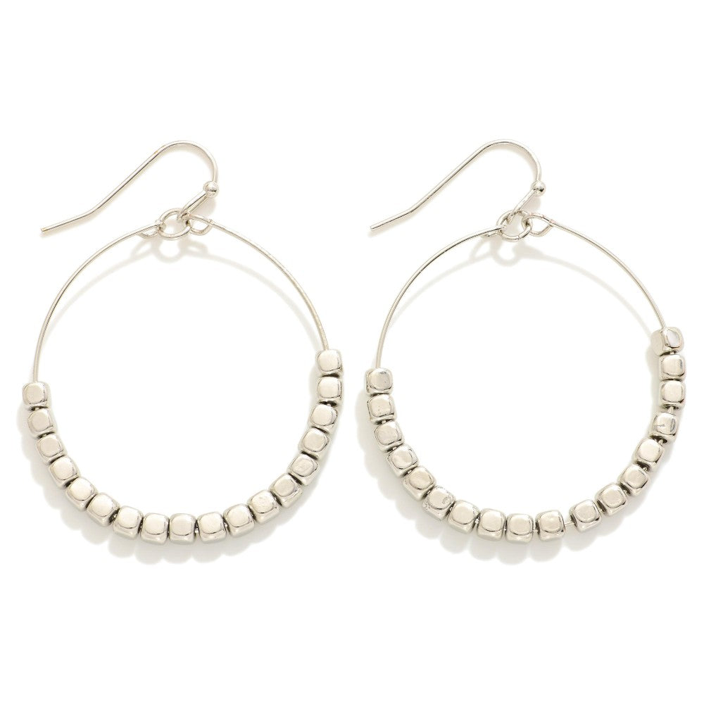 Metal Tone Wire Hoop Drop Earrings With Metal Tone Beads in Silver