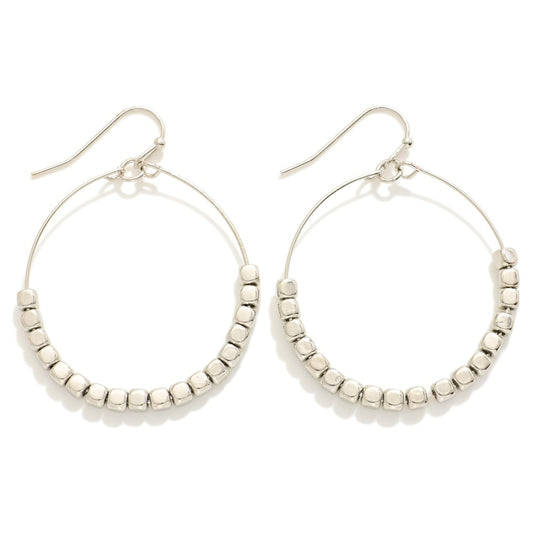 Metal Tone Wire Hoop Drop Earrings With Metal Tone Beads in Silver