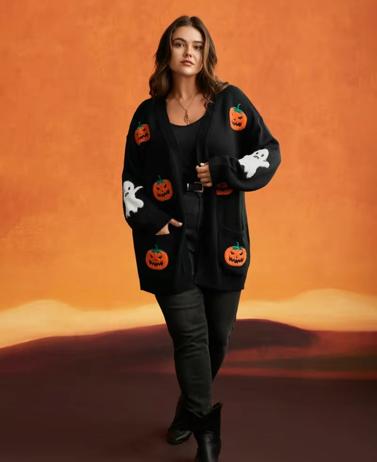 Halloween Pumpkin and Ghost Embroidered Cardigan