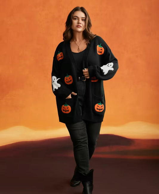 Halloween Pumpkin and Ghost Embroidered Cardigan