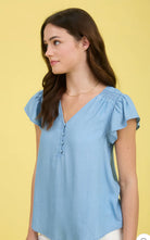 V NECK HALF BUTTON RUFFLE SLEEVE CHAMBRAY TOP-How Cute is That? Boutique